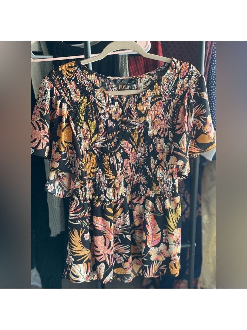 Cure Women's Tropical Print Blouse - Black and Peach